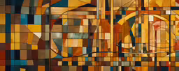 a painting of orange, brown, yellow and blue colors,there are several different shades of glass in this picture