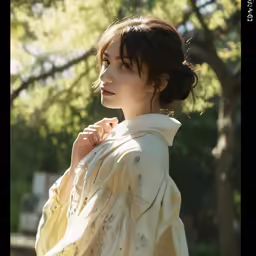 a woman wearing a white shirt standing outside