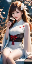 the anime woman has a cupcake and is sitting on a bench