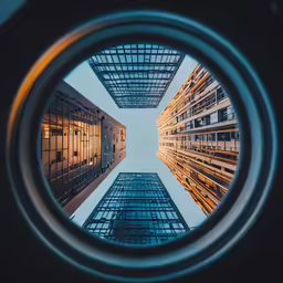 looking up at skyscrapers in the center of a circle