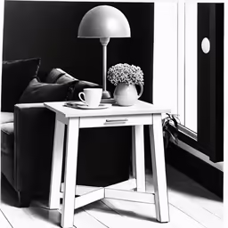 the table is by the window with a vase on it