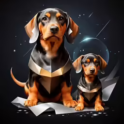 a pair of black and brown dogs on top of a black surface