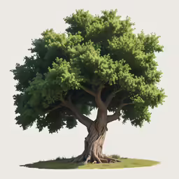 a tree with a large, curved trunk in the foreground