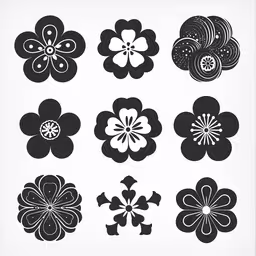 flowers from different countries are featured in this black and white illustration,a set of eight stylized flower design elements in black and white