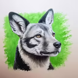 an adult german shepherd is colored in shades of green and gray