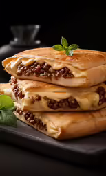 three breads with meat and other ingredients piled on top