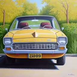 a painting of a yellow car in front of a painting,a painting of an old yellow convertible car in front of a tree