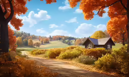 a painting of a cabin in a field on a fall day