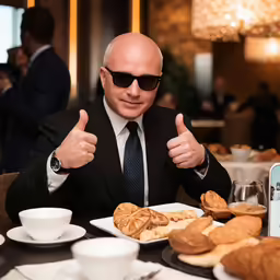 a man in sunglasses gives thumbs up over food on the table