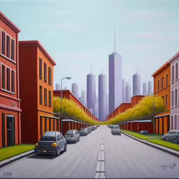 a painting of cars on a city street