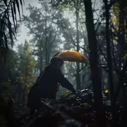 a woman is holding an umbrella in the woods