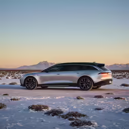 a silver sports utility vehicle on the open grass and ice covered ground