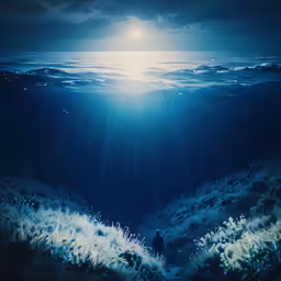 an ocean scene shows a person looking at the surface of the water