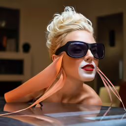 woman wearing black sunglasses and a mask and pulling on her belt