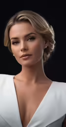 a woman wearing white dress and jewelry in a portrait