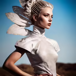 a woman is posing in an unusual white dress