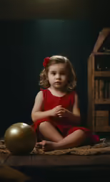 a young child in a red dress sitting next to a gold sphere