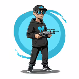a guy in a black jacket and cap holding a small radio controlled helicopter