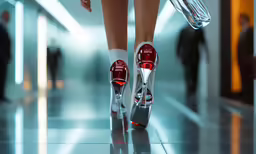 the legs and shoes of a woman walking down a hall way