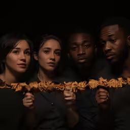 three young adults with burnt clothes and one adult holding up a frame