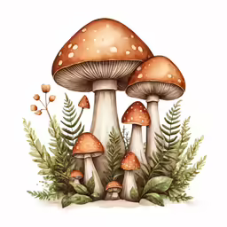 a picture with several mushrooms and greenery