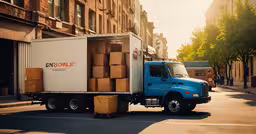 the delivery truck is carrying many boxes down the road,a delivery truck with cardboard boxes in the back