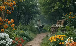 a woman on a bicycle riding down a wooded trail