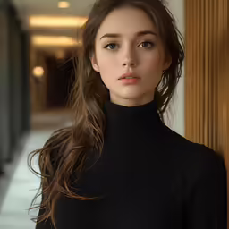 an attractive woman posing next to a wall wearing black