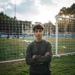 a boy standing by the net in a soccer field