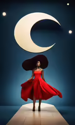 a woman in a red dress and black hat standing by a crescent moon
