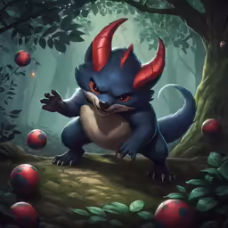 the illustration shows a creature with red horns