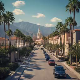 cars line the street with palm trees and buildings