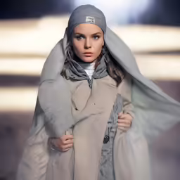 a woman is wearing an gray coat and grey hat