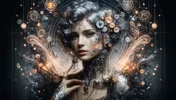 a woman with an abstract background and gold decorations