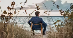 a man in a suit is sitting on a chair looking at the water