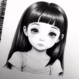 a drawing of a woman with long dark hair and bangs