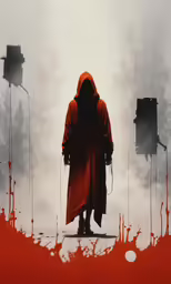 the red hooded person stands in front of the black - and - white photo