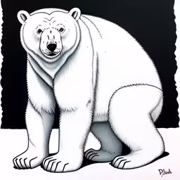 a polar bear sitting on the ground in the dark,a white polar bear that is sitting up,a bear sitting on the ground with its front paws up,a polar bear drawing in white ink on black paper,a drawing of a polar bear