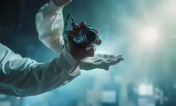 person holding and touching camera in the air