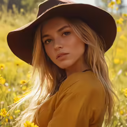 the blonde woman is posing in a field full of flowers