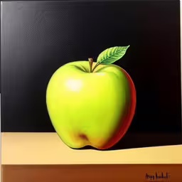 an apple sitting on top of a shelf in front of black wall,an oil painting of an apple on black,a painting of an apple on a wood block,an apple that is sitting on a shelf,an apple is sitting on top of a shelf