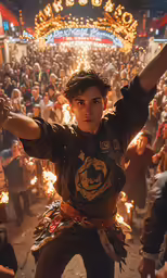 a man is dancing in front of some people with torches