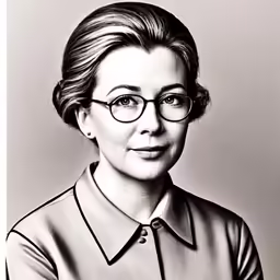 a drawing of a woman in glasses in a black and white photo