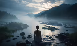 a woman sitting on top of rocks in front of a river