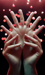 a person is holding their hands up to their face with the lights in the background