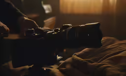 someone holding the body of a camera with a flash light