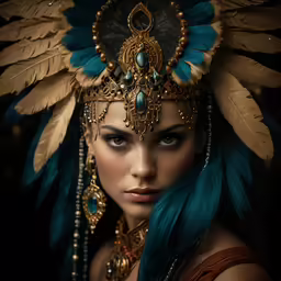 a beautiful woman wearing a feather headdress with a turquoise feather in her hair