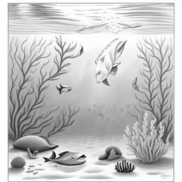 a pencil drawing of some seaweed and other underwater life