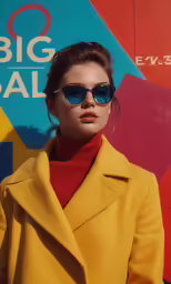 a woman with sunglasses in front of a big ball wall