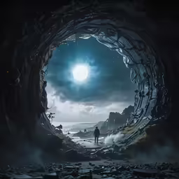 a person standing in the middle of a cave